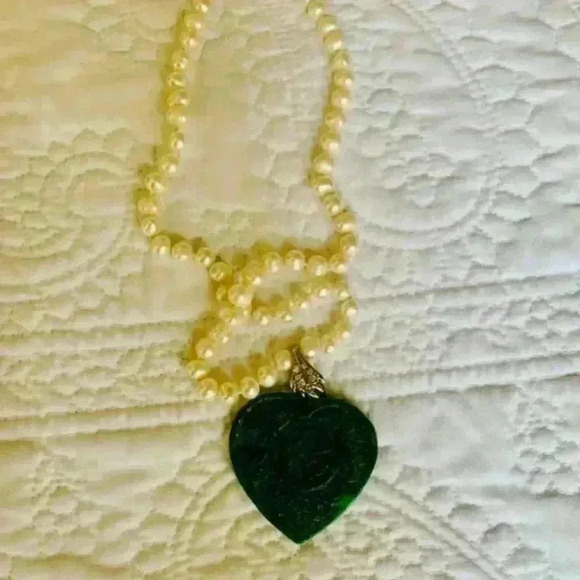jade heart ,necklace with natural pearls vintage - Picture 4 of 6